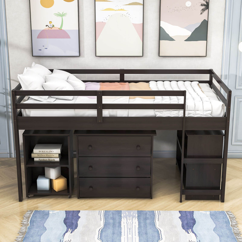 Twin Size Wood Loft Bed with Desk Low Loft Bed with Shelves and Drawers Harriet Bee Bed Frame Color Dark Brown